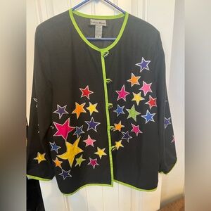 Indigo Moon star appliqué jacket, top,black, neon, trim, artsy, BoHo, retro 90s